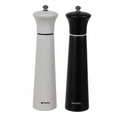 Salt og peber s�t i tr� med hvid og sort peberkv�rn 22 cm p� hvid baggrund