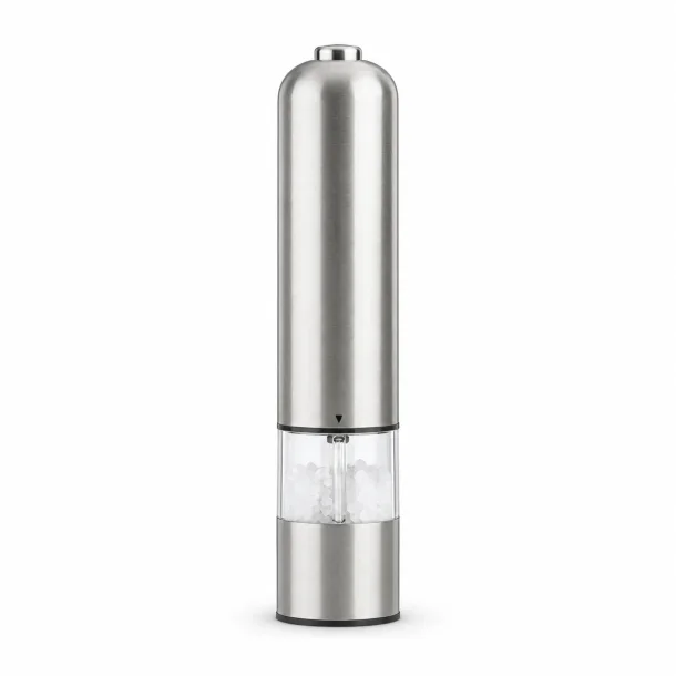 Salt og peberkv�rn elektrisk i rustfrit st�l p� hvid baggrund med LED lys og gennemsigtig beholder