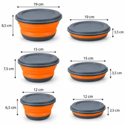 Sammenklappelige sk�le med m�l for de tre st�rrelser vist b�de udfoldet og sammenklappet.