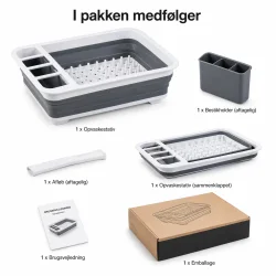 sammenklappeligt opvaskestativ med afl�b og bestikholder funktioner infografik