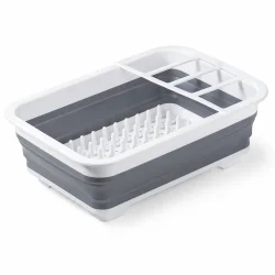 sammenklappeligt opvaskestativ med afl�b og bestikholder p� hvid baggrund