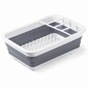 sammenklappeligt opvaskestativ med afl�b og bestikholder p� hvid baggrund