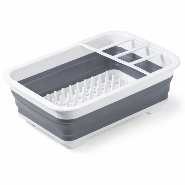 sammenklappeligt opvaskestativ med afl�b og bestikholder p� hvid baggrund