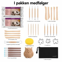 Selvh�rdende ler s�t med modelleringsv�rkt�j, metalforme, svamp og opbevaringsetui