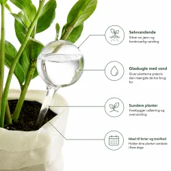 Infografik af selvvandingskugle i glas med danske funktioner, der viser automatisk vanding til potteplanter og indend�rs planter.