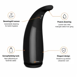 Sensor s�bedispenser infografik med ber�ringsfri sensor, pr�cis dosering og genopfyldelig tank