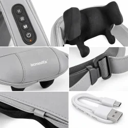 Detaljecollage af nakkemassagerens betjeningspanel, massagehoveder, strop, syninger og USB-C-kabel.