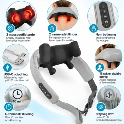 Infografik over Shiatsu massageapparat med 3 massagetilstande, 2 varmeindstillinger og op til 120 minutters drift.