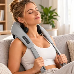 Shiatsu-nakkemassager i brug med grafik om massage, varme, betjening og tr�dl�s USB-C-opladning.