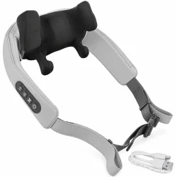 Shiatsu massageapparat til nakke og skuldre i gr� med sorte massagehoveder og medf�lgende USB-C-kabel.