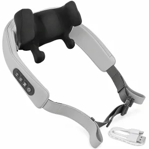 Shiatsu massageapparat til nakke og skuldre i gr� med sorte massagehoveder og medf�lgende USB-C-kabel.