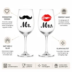 Sjove vinglas med Mr & Mrs motiv og kyssemund &ndash; s�t med 2 glas til brudepar