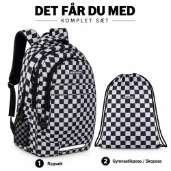 Leveringsomfang med �n ternet skoletaske og �n matchende gymnastikpose eller skopose.