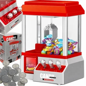 Mini klomaskine med joystick og slik &ndash; arcade maskine med klo, plastikm�nter og transparent kabinet.