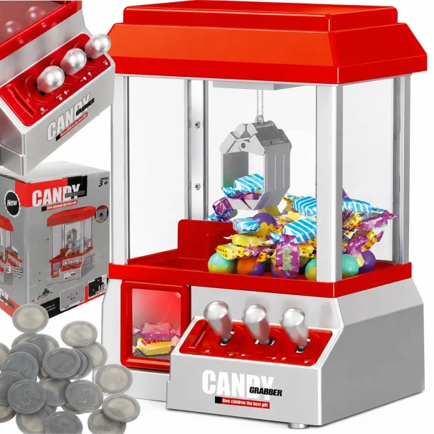 Mini klomaskine med joystick og slik &ndash; arcade maskine med klo, plastikm�nter og transparent kabinet.