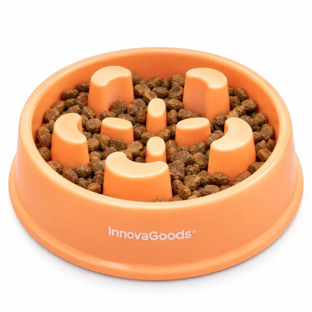 Orange slowfeeder hundesk�l med forh�jede forhindringer og t�rfoder