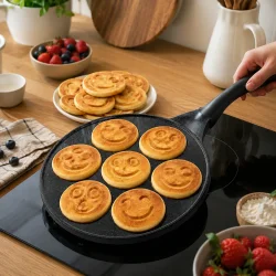Sm� pandekager med smiley-m�nstre steges p� pandekagepande