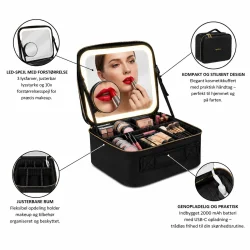 Kosmetikkuffert med LED-spejl og makeup opbevaring vist med justerbare rumdelere, USB-C opladning og touch lys