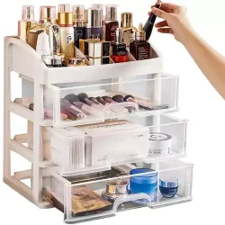 makeup-organizer-skuffer-rum.webp,Makeup organizer med tre skuffer og flere rum til kosmetik,Hovedbillede af makeup organizer med skuffer