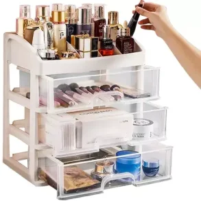 makeup-organizer-skuffer-rum.webp,Makeup organizer med tre skuffer og flere rum til kosmetik,Hovedbillede af makeup organizer med skuffer