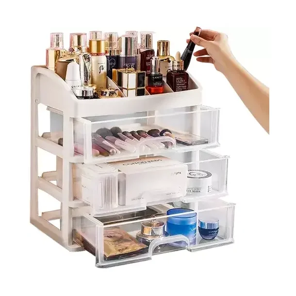 makeup-organizer-skuffer-rum.webp,Makeup organizer med tre skuffer og flere rum til kosmetik,Hovedbillede af makeup organizer med skuffer