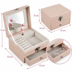 Smykkeskrin med m�l p� 15 cm i bredden, 13 cm i dybden og 9 cm i h�jden samt m�l p� skuffen.