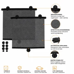 Solafsk�rmning bil infografik med automatisk oprulning, nem montering og effektiv solbeskyttelse.