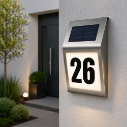 Solcelle husnummer i rustfrit st�l med LED lys monteret ved indgang