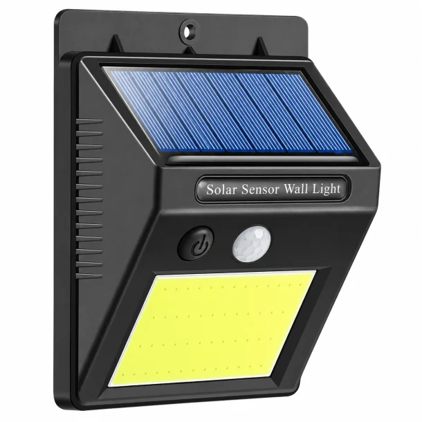 Sort solcelle v�glampe med bev�gelsessensor, solpanel og LED-lysfelt p� hvid baggrund