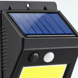 Close-up af solcelle v�glampens solpanel, bev�gelsessensor, t�ndknap og LED-lysfelt