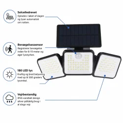 Solcellelampe feature infografik med 180 LED, bev�gelsessensor, IP65 beskyttelse og solcelledrevet udend�rs belysning