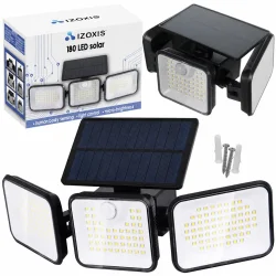 Solcellelampe med sensor og 180 LED p� hvid baggrund med solpanel, monteringss�t og emballage &ndash; udend�rs sikkerhedsbelysning til have og indk�rsel