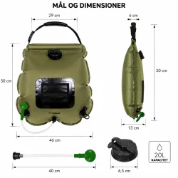 Soldrevet campingbruser dimensionsgrafik med m�l, kapacitet og tekniske detaljer