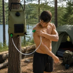 Soldrevet campingbruser i brug ved campingtur med kort slange og udend�rs bad ved s�