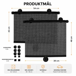 Solsk�rm til bilrude med produktm�l 42 � 54 cm og m�l p� solnet vist i infografik.