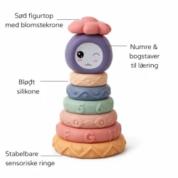 Stablet�rn i bl�d silikone med sansemotoriske ringe infografik med funktioner