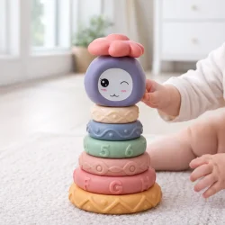 Stablet�rn i bl�d silikone med sansemotoriske ringe i brug af baby