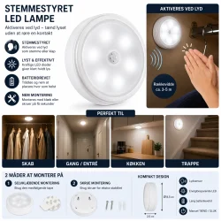 Stemmestyret LED lampe infografik med funktioner og montering