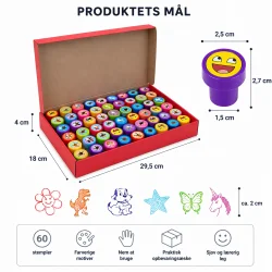 stempel s�t 60 stk med farverige motiver til b�rn med tydelige m�l og dimensioner vist grafisk