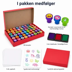 stempel s�t 60 stk med farverige motiver til b�rn med alle dele vist og overblik over hvad der medf�lger i pakken