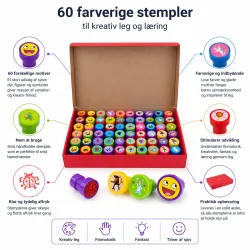 stempel s�t 60 stk med farverige motiver til b�rn infografik med funktioner og fordele vist visuelt
