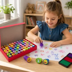 stempel s�t 60 stk med farverige motiver til b�rn brugt i kreativ leg hvor barn stempler p� papir