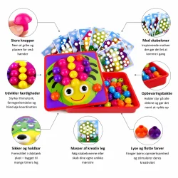 Stik mosaik leget�j med skabeloner og store knapper infografik med funktioner og fordele