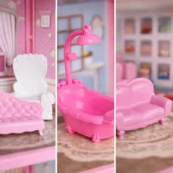 Detalje af stort dukkehus med m�bler i 3 etager og terrasse