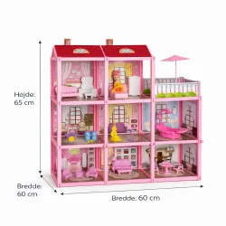 Stort dukkehus med m�bler i 3 etager og terrasse med dimensioner