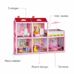 Stort dukkehus med m�bler i 3 etager og terrasse med funktioner