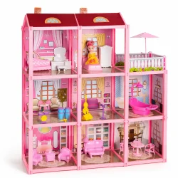 Stort dukkehus med m�bler i 3 etager og terrasse p� hvid baggrund