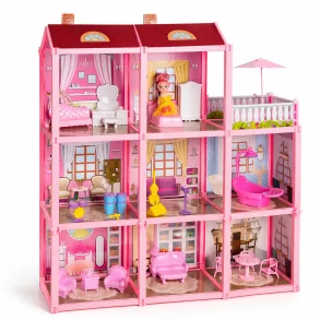 Stort dukkehus med m�bler i 3 etager og terrasse p� hvid baggrund