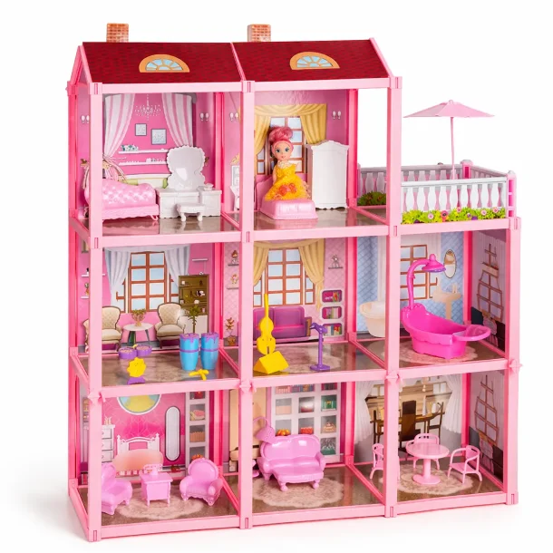 Stort dukkehus med m�bler i 3 etager og terrasse p� hvid baggrund