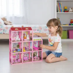 Barn leger med stort dukkehus med m�bler i 3 etager og terrasse